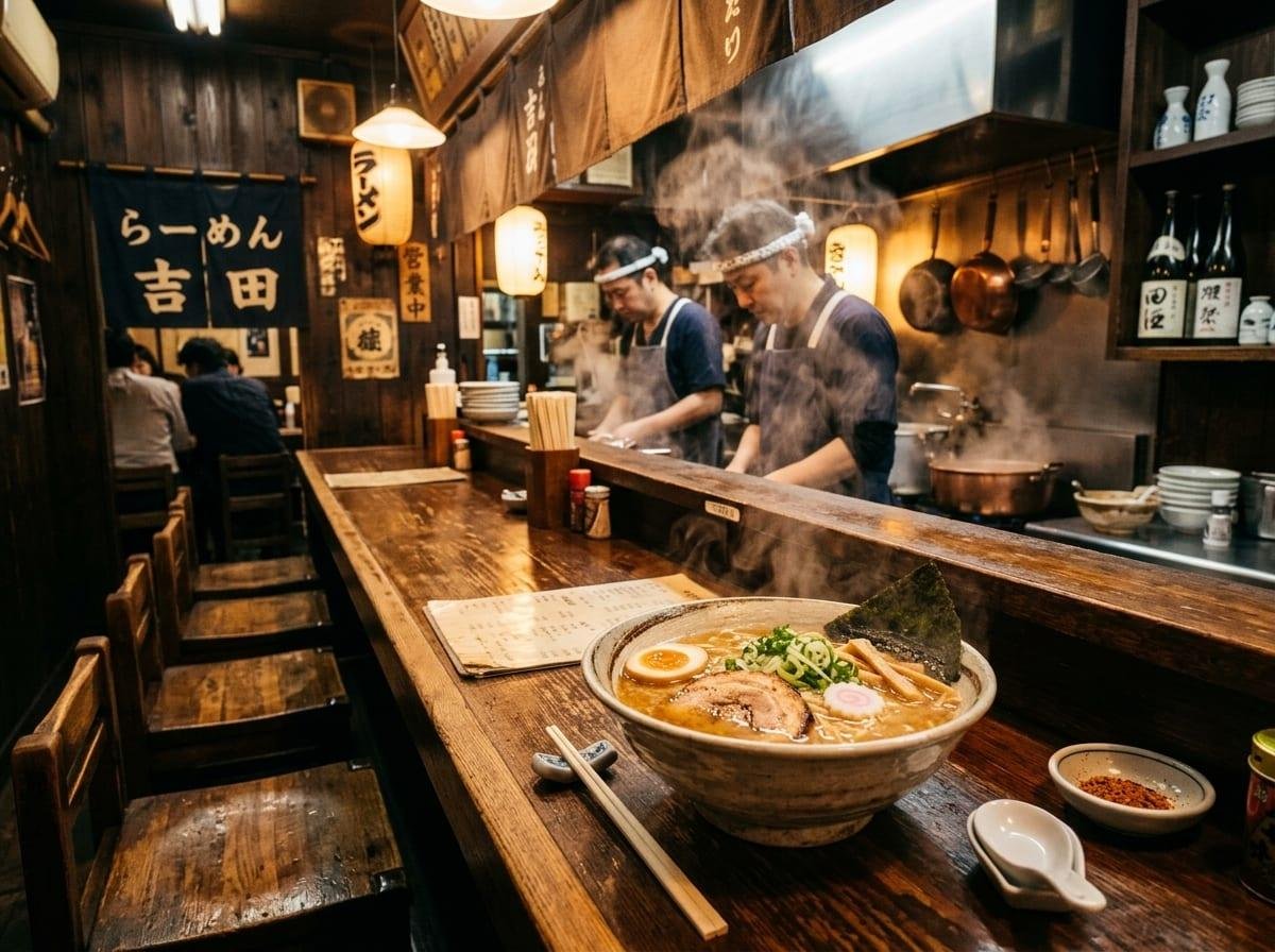 Warm lantern-lit dining room of a Japanese noodle house